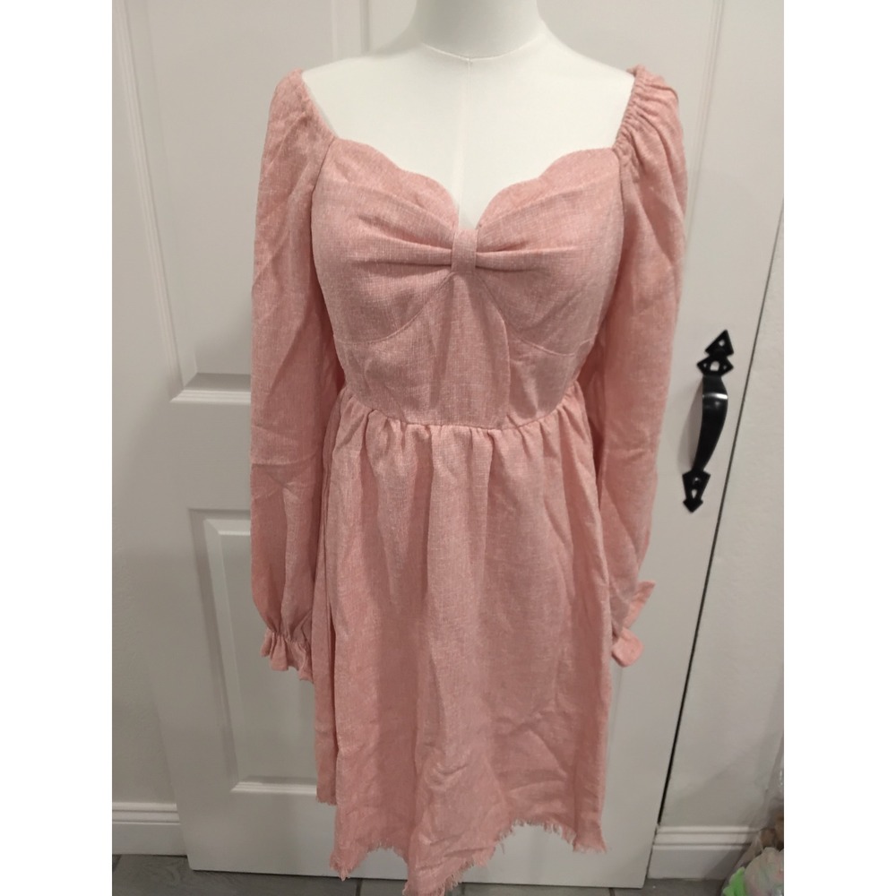 Umgee USA Pink Sweetheart Puff Sleeve Smocked Back Frayed Hem Mini Dress S A0448